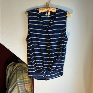 Joie Silk Navy Striped Sleeveless‎ Tie Waist Top L